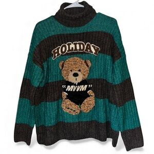 Men's-L Women’s-XXL Green Multi Christmas “HOLIDAY” Bear Embroidered Sweater